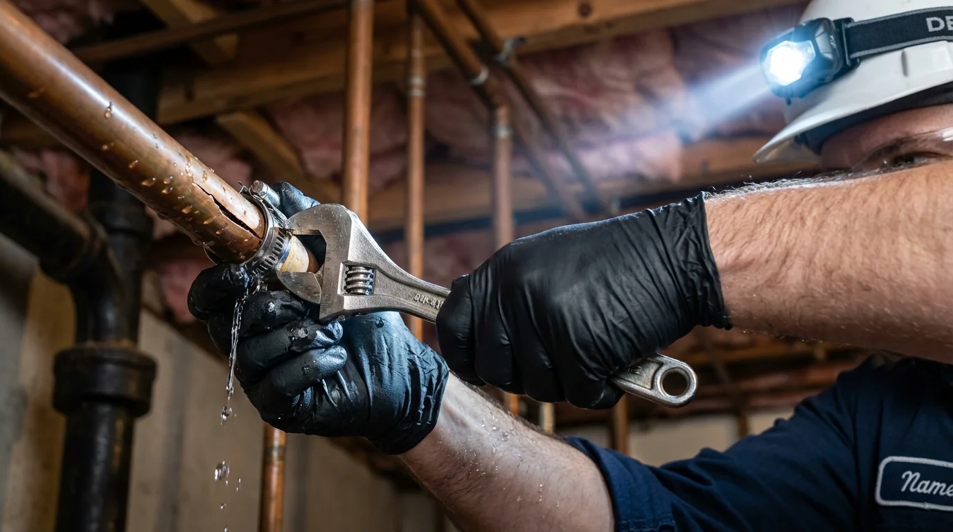 Emergency pipe clamp repair being performed by a Johns Plumbing LLC plumber in Vernon