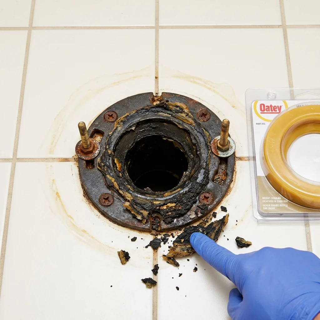 Failed wax ring showing water seepage at the base of a toilet in a Vernon, NY home